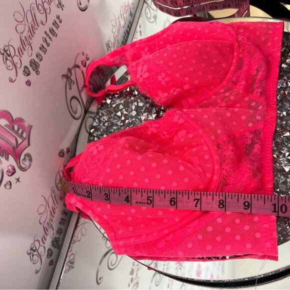 Victoria secret crop tank bra bralette lace neon pink v opening front dotted - Picture 7 of 9